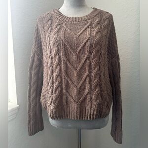 Pink Rose Chunky Cable Knit Sweater Large Taupe Brown Cozy Fall Pullover